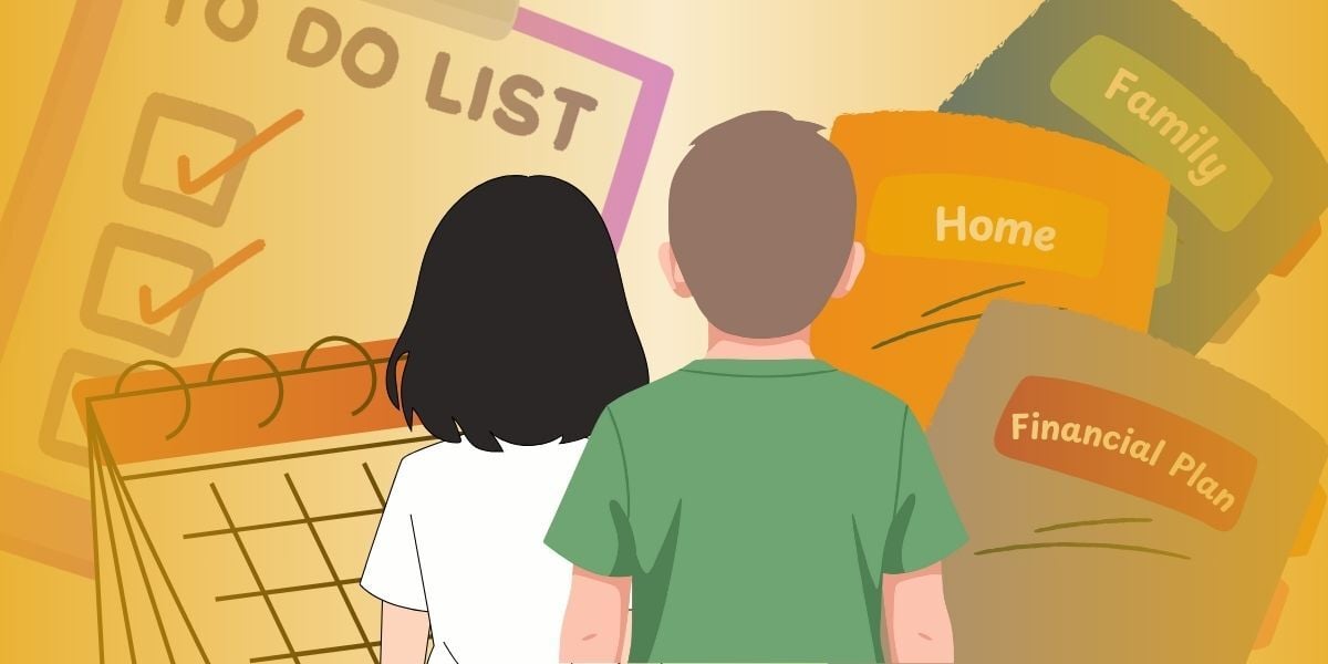 A male and female presenting pair stand with their backs to the viewer. In front of them are larger-than-life representations of a to-do list, a calendar, and 3 colored folder with the titles Family, home, and Financial Plan