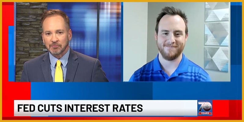 Darren Perron from WCAX in the frame on the left, Adam Robert from Clute Wealth Management in the frame on the right. A screenshot from a TV recording