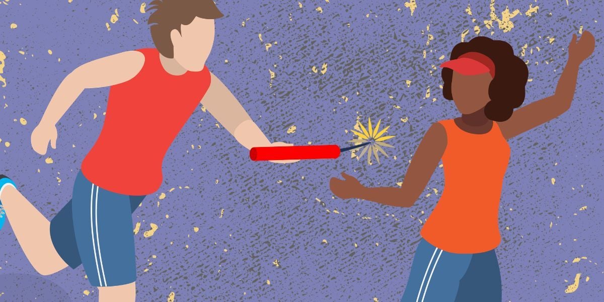 llustration of two runners passing a lit baton during a relay race, symbolizing a high-stakes or risky business transition or transfer of responsibility.