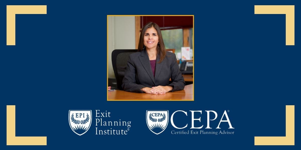 A headshot of Christina, co-owner of Clute Wealth Management in the center, underneath the photo is the logos and wordmarks for the Exit Planning Institute, and Certified Exit Planning Advisor certification. Both over a dark blue background with light yellow accents in the corners.