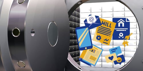 An illustrated bank vault that has representations of things like a will, email, cellphone, estate planning documents, social media, and other digital assets you may have.