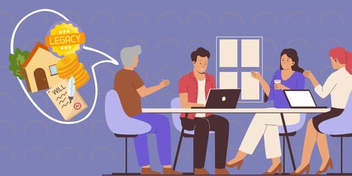An illustrated photo of a family sitting together at the table, some working on computers. The person with grey hair to the left has a speech bubble that has icons of a home, legacy, will, and money. They are talking about estate planning.