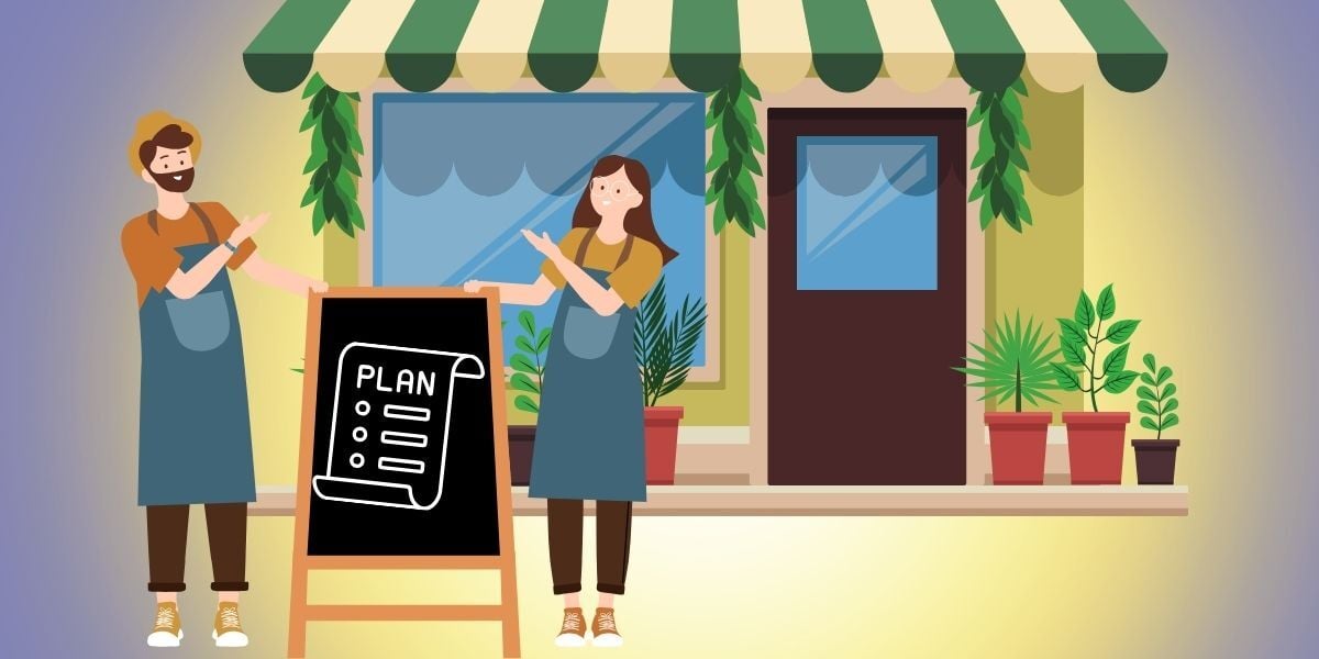 An illustrated graphic of two business owners, male and female, stand in front of their store front next to a sandwich board. On the sandwich board is an image of a document with the word 