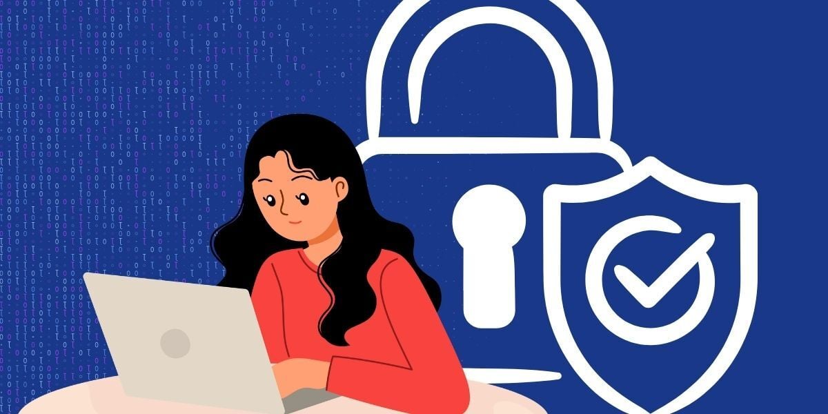 Illustration of a person using a laptop with a large lock and shield checkmark behind them, representing online security, data protection, and safe digital activity.