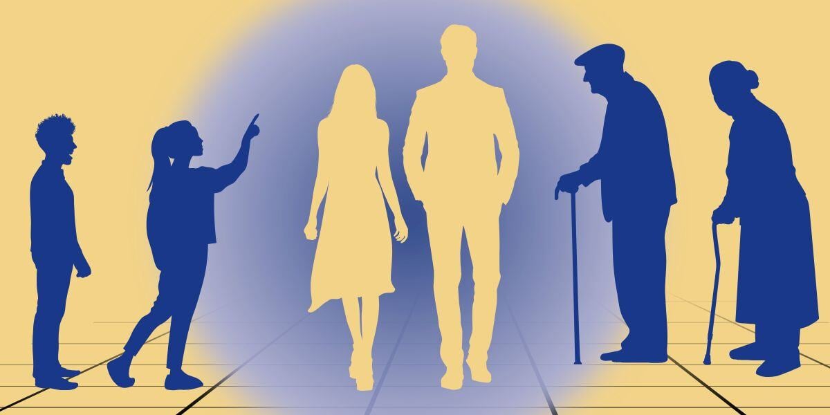 A silhouette of a male and female presenting adult are center of the image, they are sandwiched between two silhouettes of children to the left and two silhouettes of older adults on the right to illustrate the 