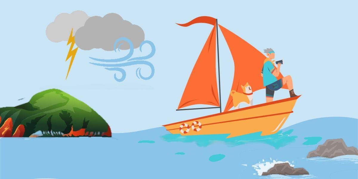 Graphical illustration of someone and their dog sailing away from an island, an impending storm chasing them. The person has binoculars in hand to help them traverse the perils of the sea.