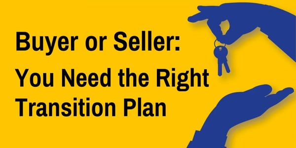 "buyer or seller: You need the right transition plan" text overlayed on a golden background. Shadow of a hand passing keys to another on the left