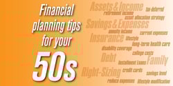 "Financial planning tips for your 50s" text overlayed on a gradient orange background with a word cloud of financial terms faded in the background.